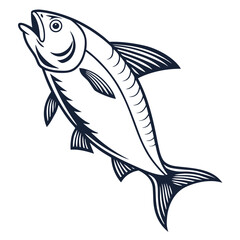 Stylized black and white illustration of a leaping tuna fish with its mouth open on a white background
