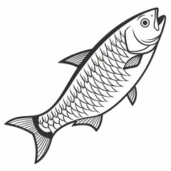 Stylized black and white illustration of a single fish with detailed scales and fins swimming upwards against a white background
