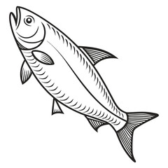 Stylized black and white line drawing of a single fish swimming upwards with detailed fins and scales