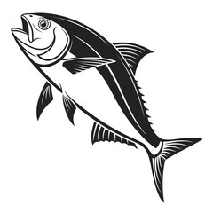 Stylized black and white illustration of a leaping tuna fish with its mouth open isolated on a white background