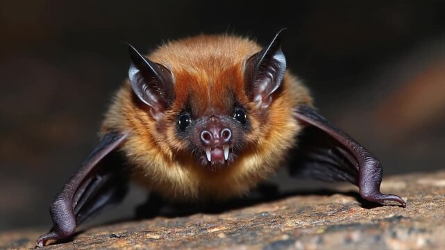 Close up shot of a brown bat with its mouth open showing its teeth and standing on a rock surface halloween bat video