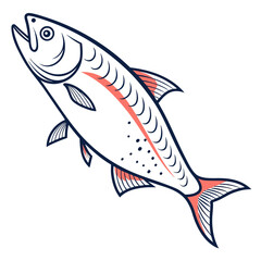 Stylized illustration of a leaping salmon fish with dark blue outline and coral accents on a white background