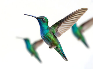 Obraz premium A flock of colorful hummingbirds in flight against a bright white background in a close up shot