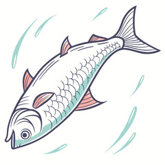 Stylized illustration of a single silver fish with pink fins swimming through light blue water splashes