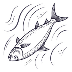 Stylized line art illustration of a single mackerel fish swimming gracefully through abstract wavy water currents