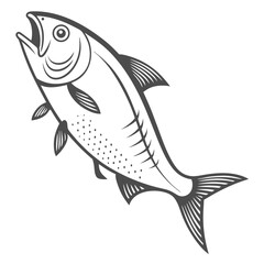 Stylized outline drawing of a leaping fish with its mouth open and detailed fins and tail on a white background