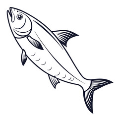 Stylized outline illustration of a single fish swimming upwards with fins and tail detailed in dark blue