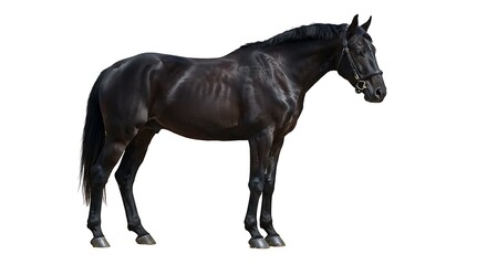 Elegant black horse standing proudly on white background isolated
