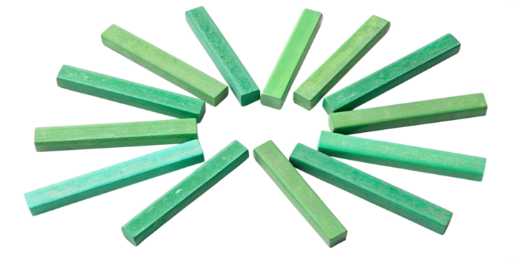 Green Pastel Chalks in Circular Sunburst Pattern Isolated on Transparent Background
Radial Arrangement of Green Rectangular Chalk Pastels Forming Abstract Sun Shape