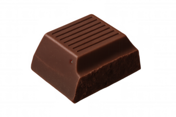 Dark brown chocolate bar piece with textured top, sweet confectionery dessert bite on transparent background