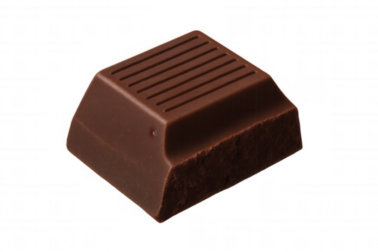 Dark brown chocolate bar piece with textured top, sweet confectionery dessert bite on transparent background