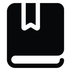 Solid black closed book illustration in minimal flat style, showing cover with bookmark. Perfect for education, library, literature, and school-related designs.