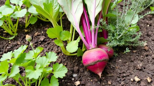 Young beetroot, celery and thyme in vegetable intercropping cultivation. Eco-friendly backyard garden, vegetable garden.
