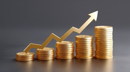 Increasing Financial Growth with Stacked Gold Coins and Arrow Symbolizing Profit and Investment Success