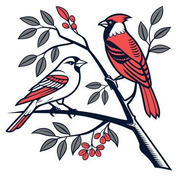 Illustration of two birds sitting on a branch with leaves and berries, the birds are red, white, and black with gray leaves