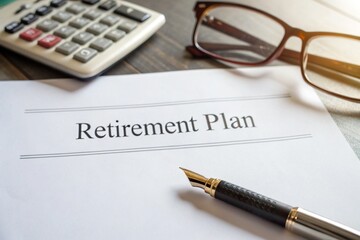 Detailed retirement plan document on a wooden desk with a calculator and glasses in the background