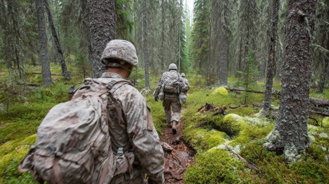 Group of soldiers navigating through a dense forest in wet, challenging conditions during a training exercise