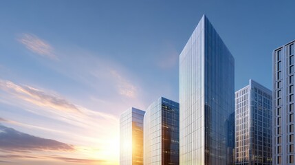 Obraz premium Modern Urban Skyline at Sunset with Glass Facades and Vivid Cloud Expressions in a Business District Setting