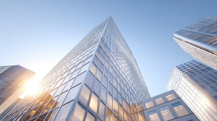 Obraz premium Modern Glass Skyscrapers Reaching Towards the Blue Sky in Urban Environment During Sunrise