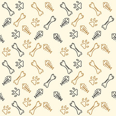 Seamless pattern vector illustration of a dog, cat paw, and bone on a seamless background. Animals, pets, wallpaper, white, background