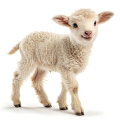 Fototapeta premium A fluffy white lamb standing on a white background with its head tilted slightly to the side posing