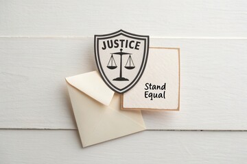 Justice emblem on a card beside an envelope, symbolizing equality and fairness in society