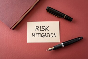 Close-up of a desk scene featuring a notepad with the text 'RISK MITIGATION' alongside a fountain pen and notebook