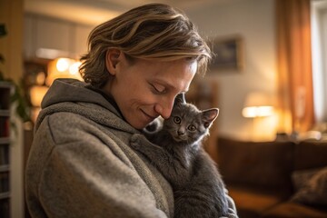 A woman in a cozy living room lovingly holds a gray kitten, surrounded by warm lighting and furniture