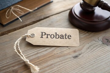 Close-up of a probate tag on a wooden surface with a gavel and books in the background, symbolizing legal proceedings