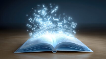 Open Book with Glowing Magic Words Emanating in a Mystical Atmosphere, Symbolizing Knowledge and Imagination