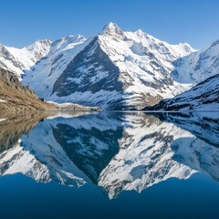 Majestic Snow-Capped Mountain Reflected in Calm, Azure Lake Water