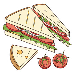 Illustration of a grilled sandwich with fresh tomatoes, lettuce, and onions, a delicious and satisfying meal, a flavorful culinary creation