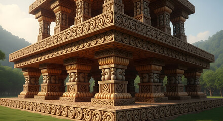 Fototapeta premium Ancient architectural splendor: a majestic, intricately carved stone temple bathed in natural light, showcasing the rich artistry and historical depth of the structure.