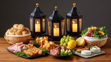 Elegant Arrangement of Gourmet Food with Lanterns and Fresh Ingredients for a Cozy Dinner Gathering
