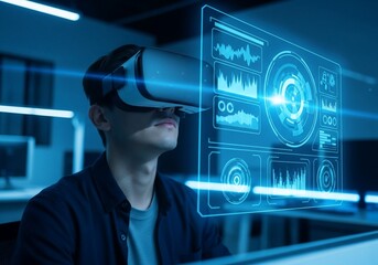 Man immersed in virtual reality with futuristic interface and blue lighting