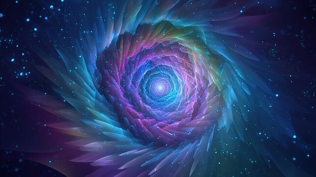 A vibrant, swirling tunnel of light with fractal-like patterns, amidst a starlit cosmos