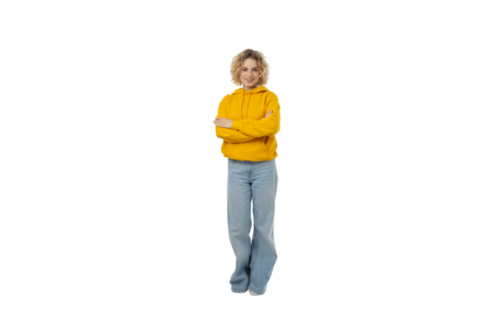 Confident woman in casual wear smiles, isolated on white, PNG