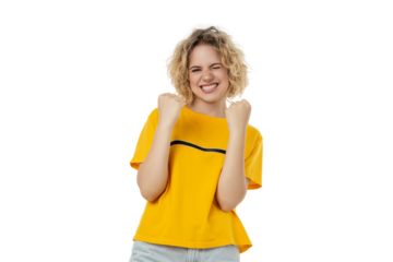 Young woman triumphs with raised fists, isolated on white, PNG