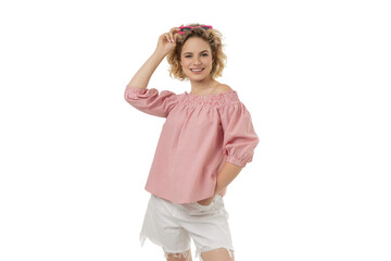 Confident woman in stylish summer attire, isolated on white, PNG