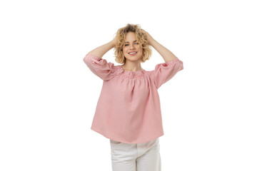 Woman displays casual outfit happily, isolated on white, PNG