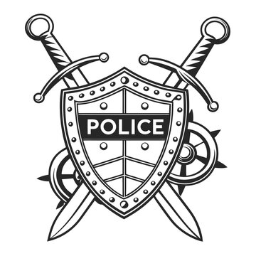 Police shield emblem with crossed swords and steering wheels, symbolizing law enforcement and maritime security