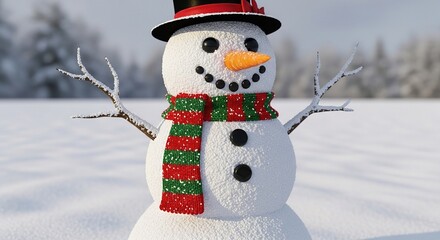 Smiling snowman with red green scarf and top hat in snowy field.