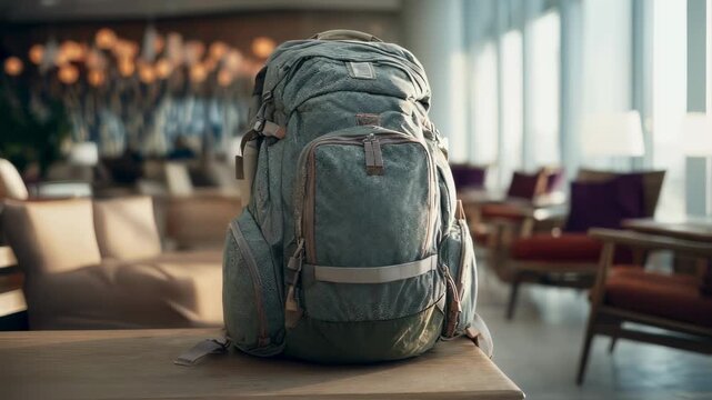 Medium shot of a durable backpack with multiple compartments sharply focused against a softly blurred travel lounge background highlighting practicality for adventurous