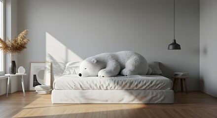 Minimalist Bedroom Decor with Oversized Polar Bear Plush for Cozy Aesthetic