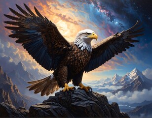 Majestic Bald Eagle Soaring High Above Mountain Peaks and Celestial Skies