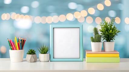 Creative desk with blank photo frame potted plants books and colorful pencils against blurred background
