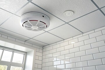 Modern bathroom ceiling featuring a smoke detector and subtle lighting with tiled walls