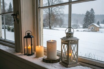 Cozy winter scene with candles on a windowsill, snow-covered landscape outside, creating a warm atmosphere