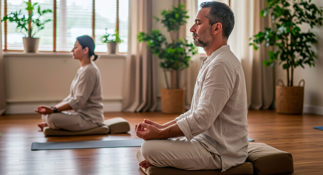 Silence at Home: Couples Meditation on Pillows in a Bright Studio