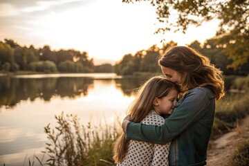 Mother embracing daughter by serene lake during sunset, surrounded by lush trees and calm water